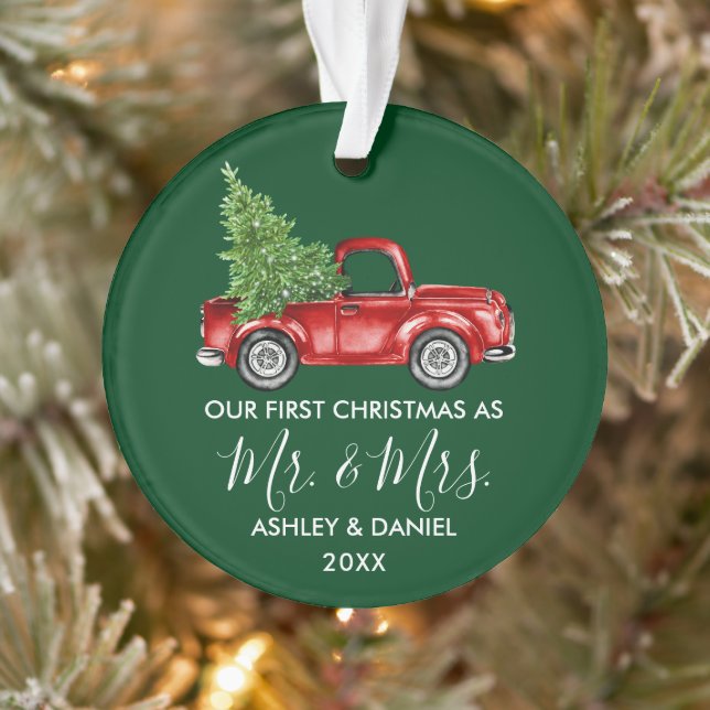 Calligrafie Herr Mrs. Christmas Red Truck Green Ornament (Baum)