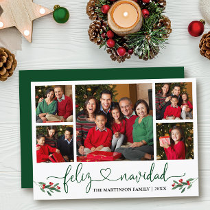 Calligrafie Herz Feliz Navidad Holly Green Feiertagskarte