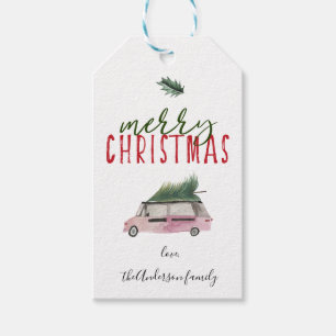 Calligrafie Merry Christmas Van & Baum grün rot Geschenkanhänger