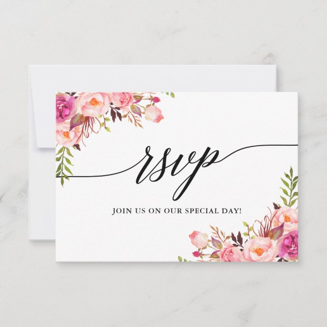 Calligrafie Pink Floral Wedding RSVP Meetingkarte Karte (Vorderseite)