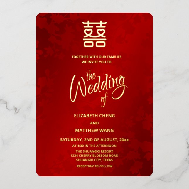 Calligrafie Red Gold Chinese Wedding Folieneinladung (Vorderseite)