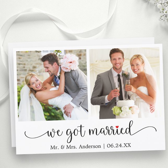 Calligrafie Rotes Herz 2 Foto Wir Got Verheiratet Ankündigung (Customize to change your personalized text size, text style or to add text to back of card.)