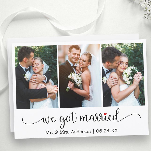 Calligrafie Rotes Herz 3 Foto Wir Got Verheiratet Ankündigung (Customize to change your personalized text size, text style or to add text to back of card.)