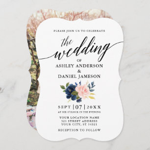 Calligrafie Script Blue Pink Floral Foto Hochzeit Einladung
