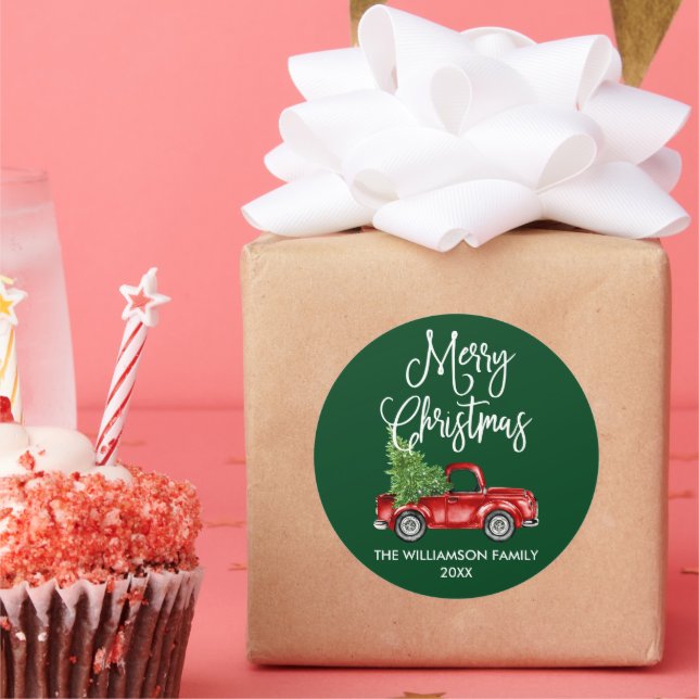 Calligrafie Script Christmas Red Truck Green Runder Aufkleber (Party)
