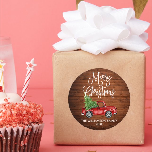 Calligrafie Script Wohn Weihnachten Red Truck Runder Aufkleber (Party)