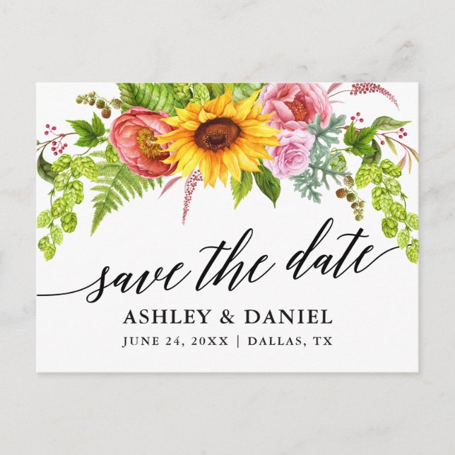 Calligrafie Sunflower Boho Floral Save the Date Postkarte (Vorderseite)