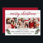 Calligrafie Wasserfarbene Pines Berries 3 Foto Rot Feiertagskarte<br><div class="desc">Moderne Kalligraphie-Skripte. Die elegante Winter Floral 3 Foto Merry Christmas Card beinhaltet wunderschöne Aquarellkiefern mit Roten Holly Berries und Band. Rot zurück.</div>