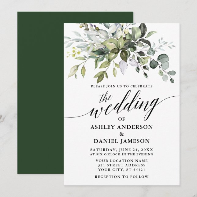 Calligrafie Watercolor Greenerity Wedding Einladung (Vorne/Hinten)