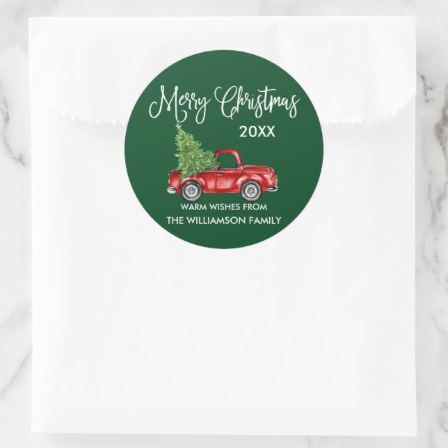 Calligrafie Weihnachten Red Truck Green Geschenk Runder Aufkleber (Tasche)