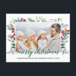 Calligrafie Weihnachtsgrün Familie Foto Grün Postkarte<br><div class="desc">Moderne Elegante Kalligrafie Script Merry Christmas Watercolor Holiday Greenery Foto Postcard</div>
