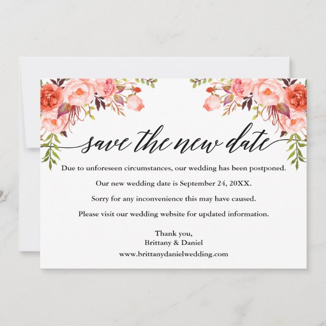 Calligrafy Coral Floral Rettete die neue Datumskar Save The Date (Vorderseite)