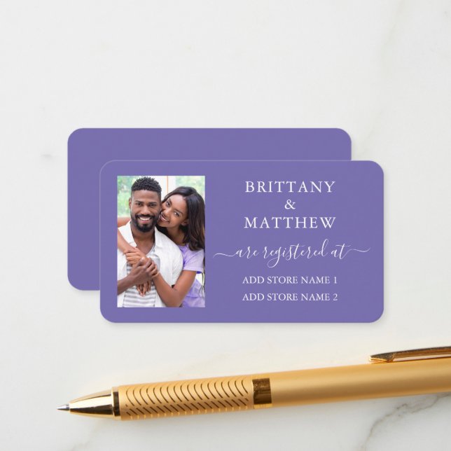 Calligrafy Foto Wedding Registry Periwinkle Begleitkarte (Vorderseite/Rückseite Beispiel)