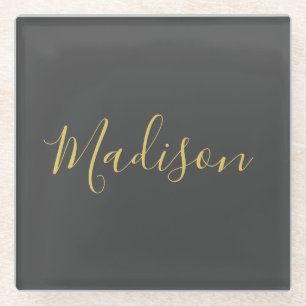 Calligrafy Gold Color Gray Custom Personal Edit Glasuntersetzer