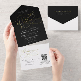 Calligrafy Schwarz-weiß Gold QR Code Wedding All In One Einladung