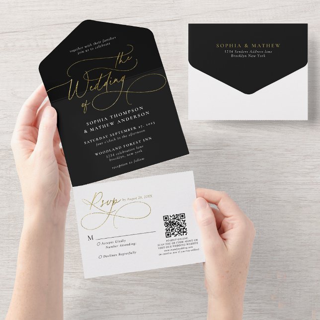 Calligrafy Schwarz-weiß Gold QR Code Wedding All In One Einladung (Von Creator hochgeladen)