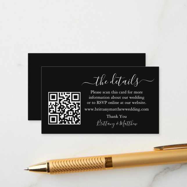 Calligrafy Wedding Details Website QR Black Begleitkarte (Vorderseite/Rückseite Beispiel)
