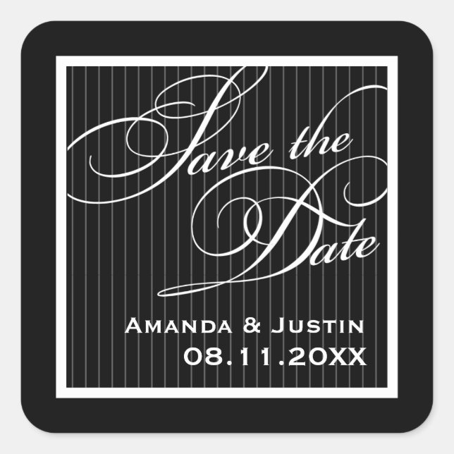 Calligraphic Black Pinstripe Save the Date Quadratischer Aufkleber (Vorderseite)