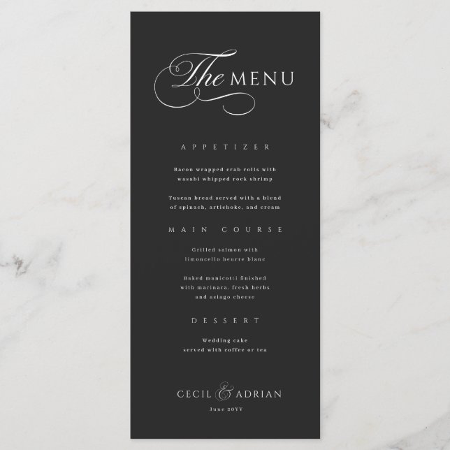 Calligraphic Elegant Black Wedding Menu Menükarte (Vorderseite)