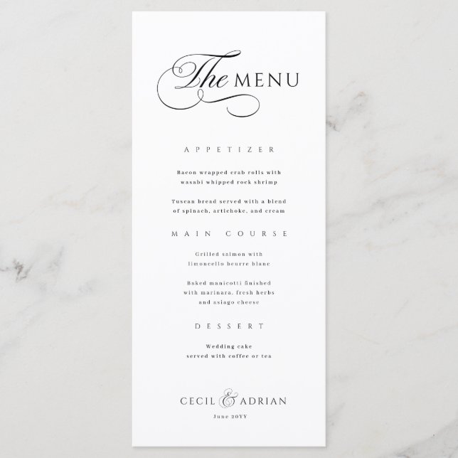 Calligraphic Elegant Black White Wedding Menu Menükarte (Vorderseite)