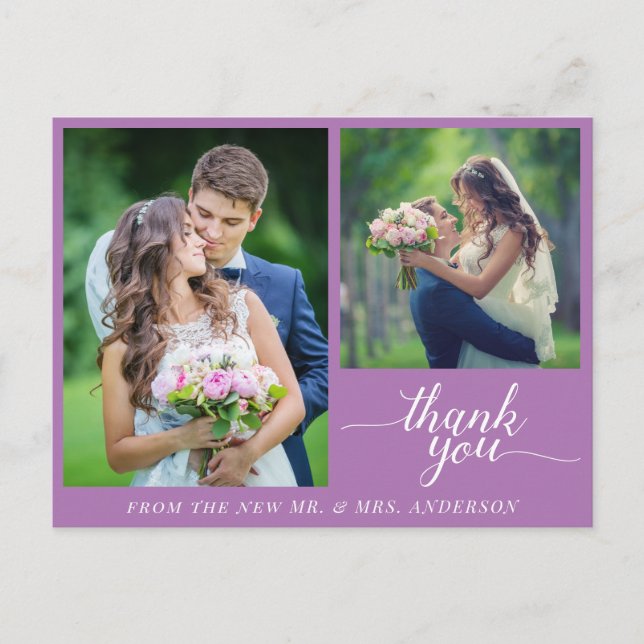 Calligraphie 3 Fotos Hochzeit Danke Lila Postkarte (Vorderseite)