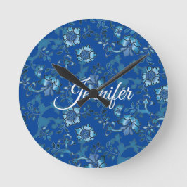 Calligraphie Elegant Blauer Individuelle Name Runde Wanduhr