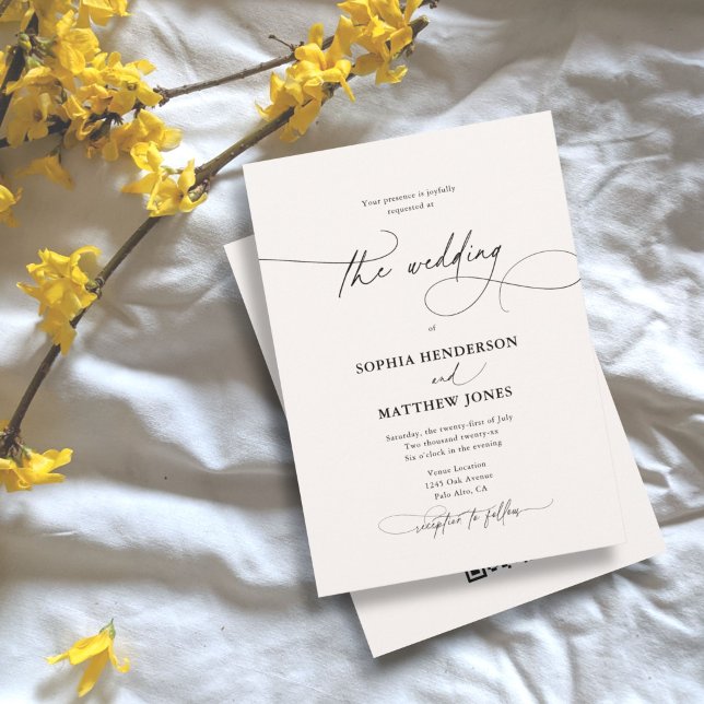 Calligraphie Elegant QR Code Elfenbeinhochzeit Einladung (Von Creator hochgeladen)