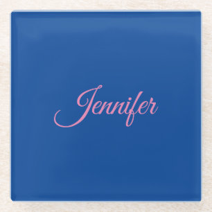 Calligraphie Elegant Rosa Blauer Individuelle Name Glasuntersetzer