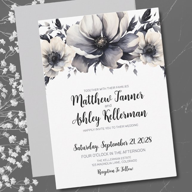 Calligraphie Elegant Schwarz-weiße Blumenhochzeit Einladung (Trendy Elegant Black White Floral Wedding Invitation)