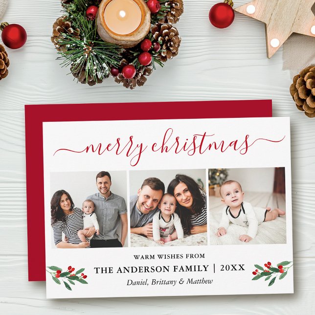 Calligraphie Frohe Weihnachten 3 Foto Red Holly (Customize to add text to back of card or to change color of back of card.)