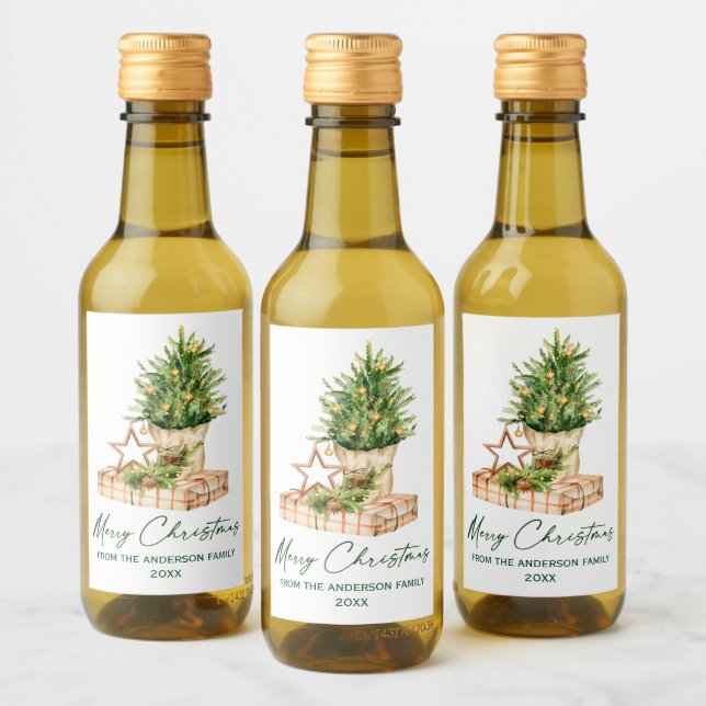 Calligraphie Grüner Tintenfarben Weihnachtsbaum Weinetikett (Flaschen)