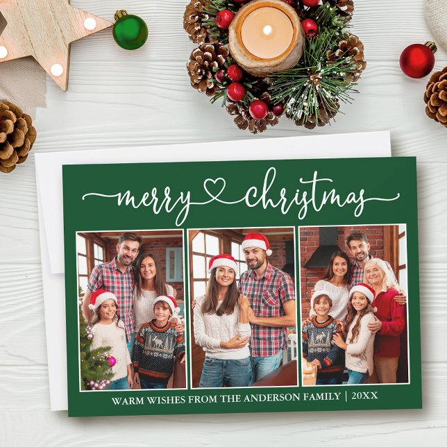 Calligraphie Herz 3 Foto Grün Frohe Weihnachten (Customize to add text to back of card or to change background color of card.)