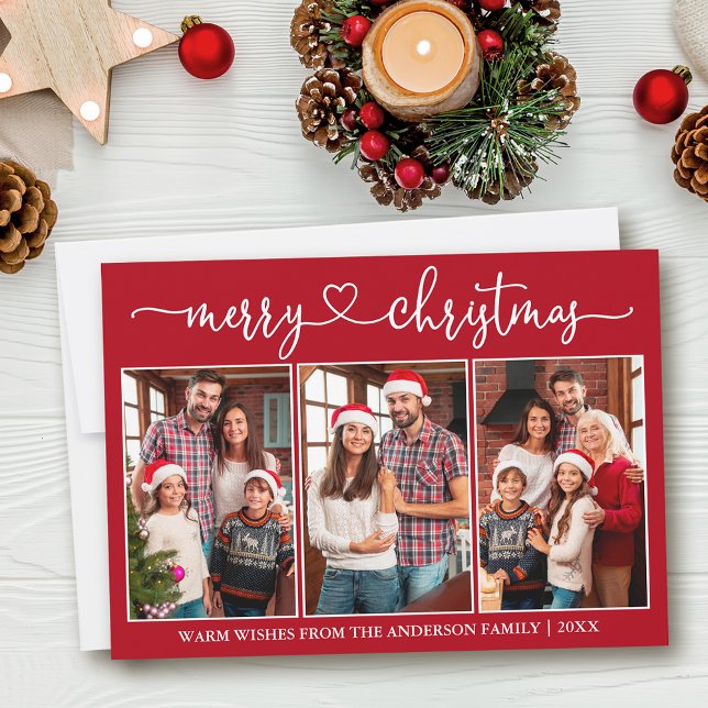 Calligraphie Herz 3 Foto Rot Frohe Weihnachten (Customize to add text to back of card or to change background color of card.)