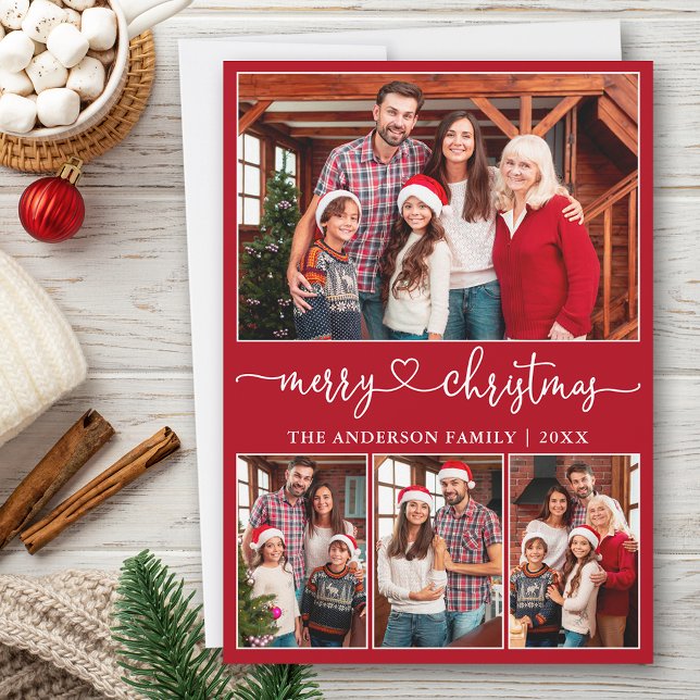 Calligraphie Herz 4 Foto Frohe Weihnachten Rot (Customize to add text to back of card or to change background color of card.)