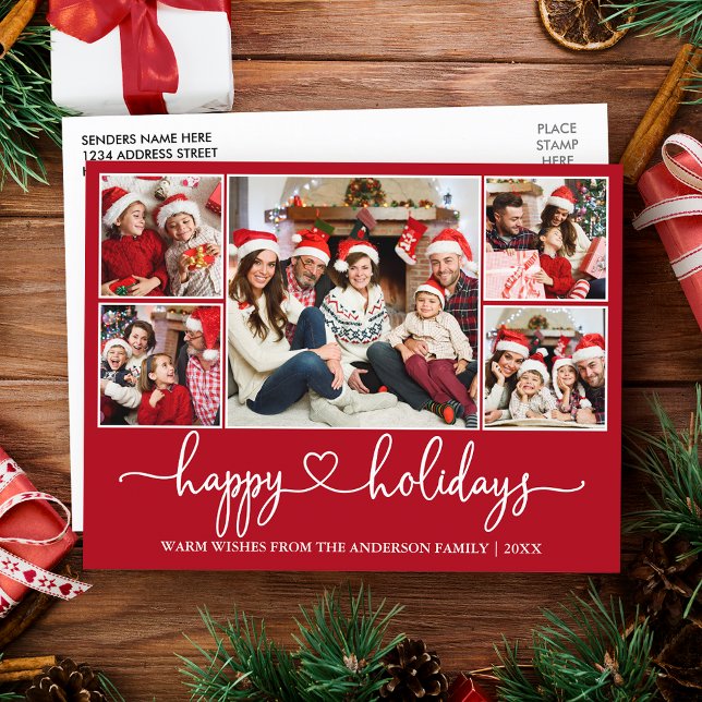 Calligraphie Herz Happy Urlaub 5 Foto Rot Postkarte (Customize to change your personalized text size or text style.)