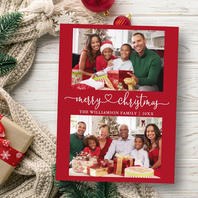 Calligraphie Herz Merry Christmas Red 2 Foto Postkarte (Customize to change your personalized text size or text style.)