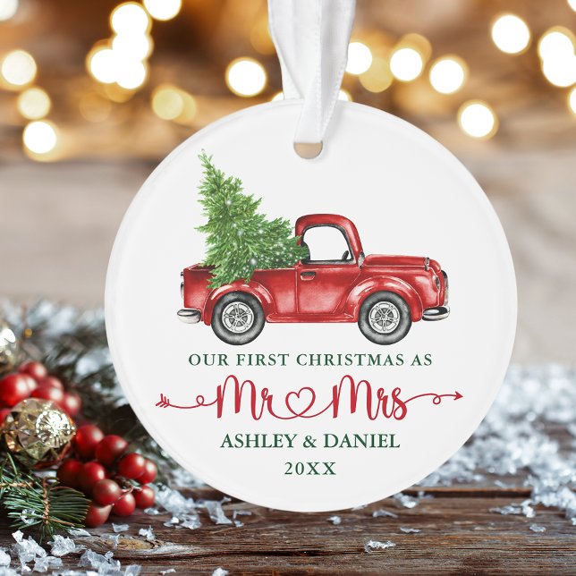 Calligraphie Herzstück Unser erster Weihnachts-Red Ornament (Calligraphy Script Heart Mr. & Mrs. Our First Christmas Vintage Truck Ornament)
