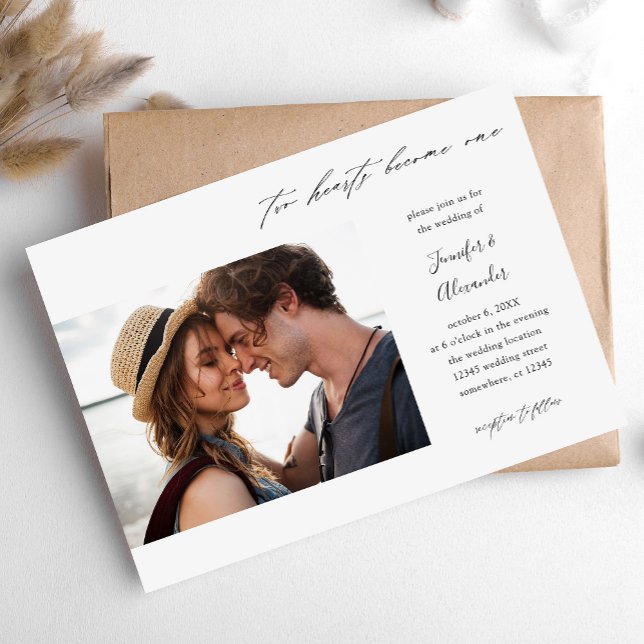 Calligraphie-Hochzeit mit zwei Herz-Foto Einladung (Von Creator hochgeladen)