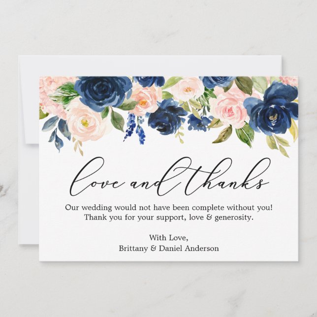 Calligraphie-Liebe dank Classic Blue Pink Floral Dankeskarte (Vorderseite)