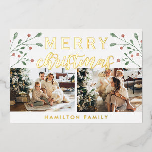 Calligraphie Merry Christmas Cherry Zwei Foto Folien Feiertagskarte