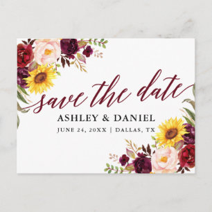 Calligraphie Mixed Floral Burgundy Save the Date Postkarte