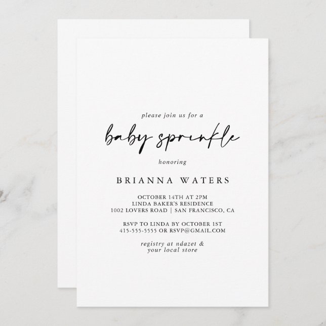 Calligraphie Moderne Elegant Baby Sprinkle Einladung (Vorne/Hinten)