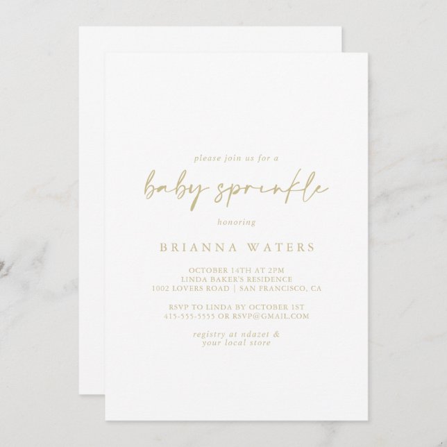 Calligraphie Moderne Elegante Gold Baby Sprinkle Einladung (Vorne/Hinten)