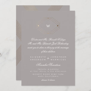 Calligraphie Monogram Gold Foil Gray Musk Wedding Einladung
