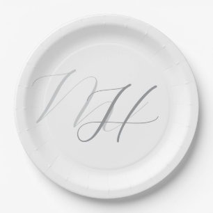 Calligraphie Monogram White Gray Schlicht Simple Pappteller