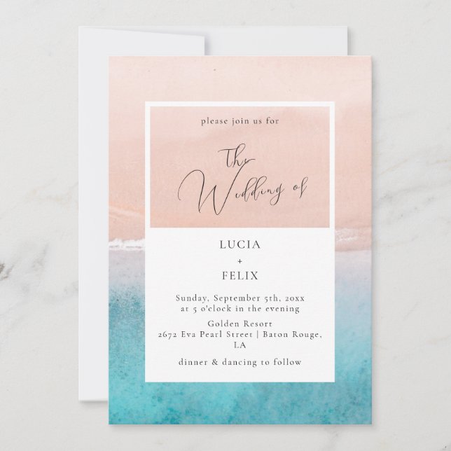 Calligraphie Ocean Deep Blue Beach Hochzeit Einladung (Vorderseite)