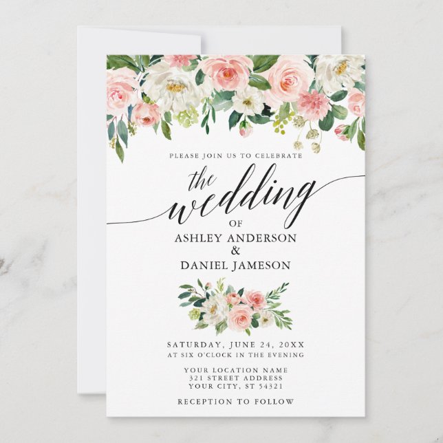 Calligraphie Pink Blush Floral Wedding W Einladung (Vorderseite)
