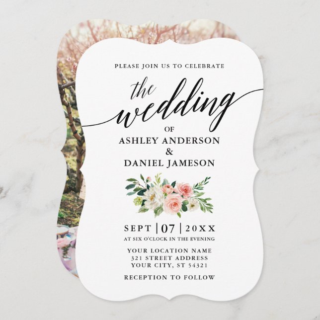 Calligraphie Pink Foto Hochzeit mit weißer Blüte Einladung (Vorne/Hinten)