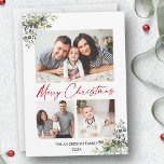 Calligraphie Red Ink 3 Foto Grünpflanzen Berries Feiertagskarte<br><div class="desc">Moderne Minimalistische Elegance Kalligraphie Tinte Handgeschriebenes Skript Merry Christmas 3 Foto Holiday Card beinhaltet Elegant Watercolor Greenery,  Eukalyptus Blätter & Holly Berries. Rotes Skript.</div>