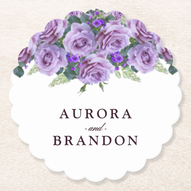 Calligraphie Script Elegant Lila Blumenhochzeit Untersetzer (Vorderseite)